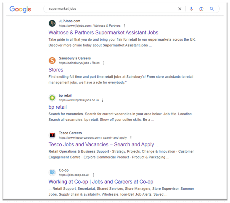 Supermarket jobs results after a Google search