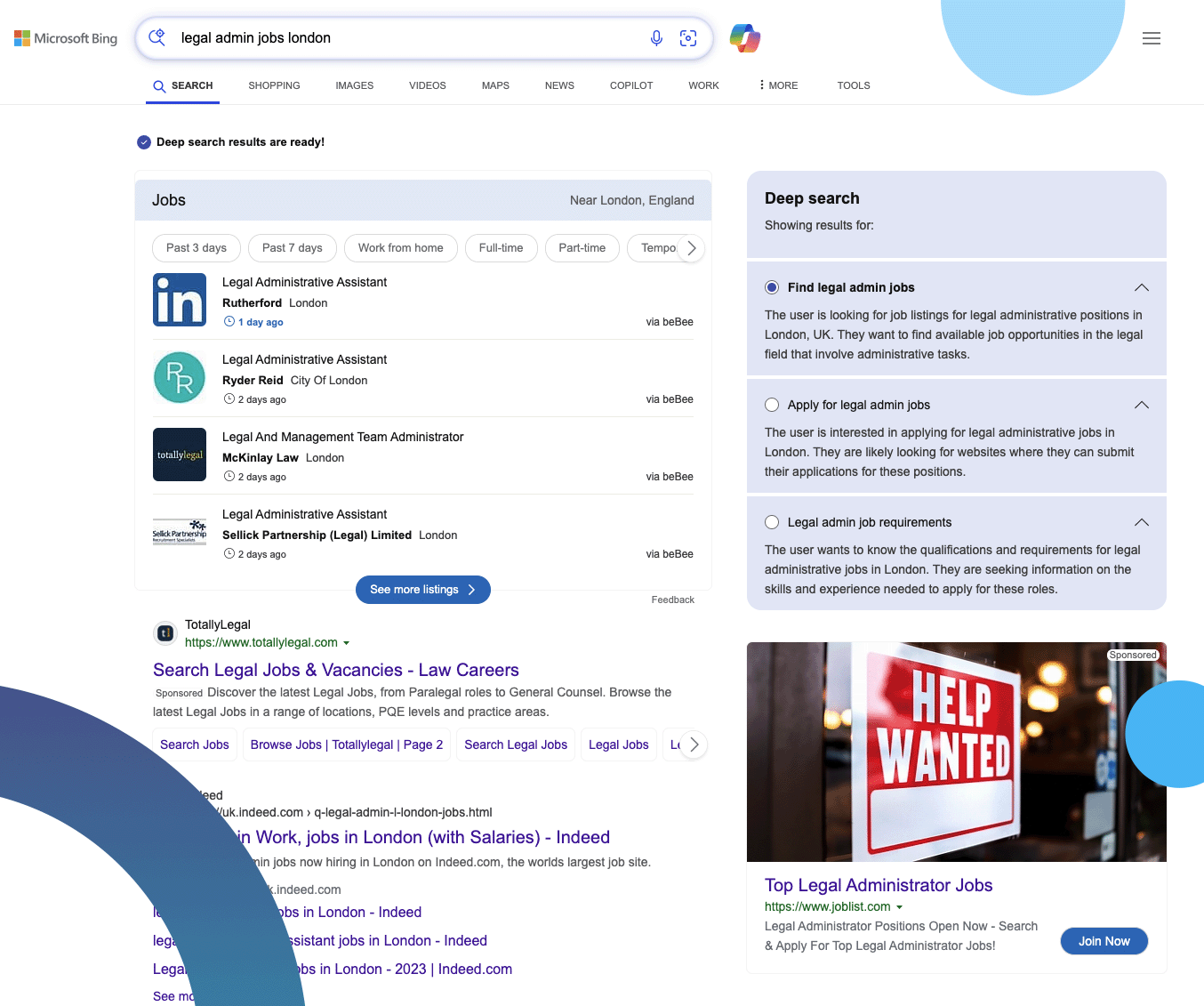 Screenshot of Bing Deep Search for jobs
