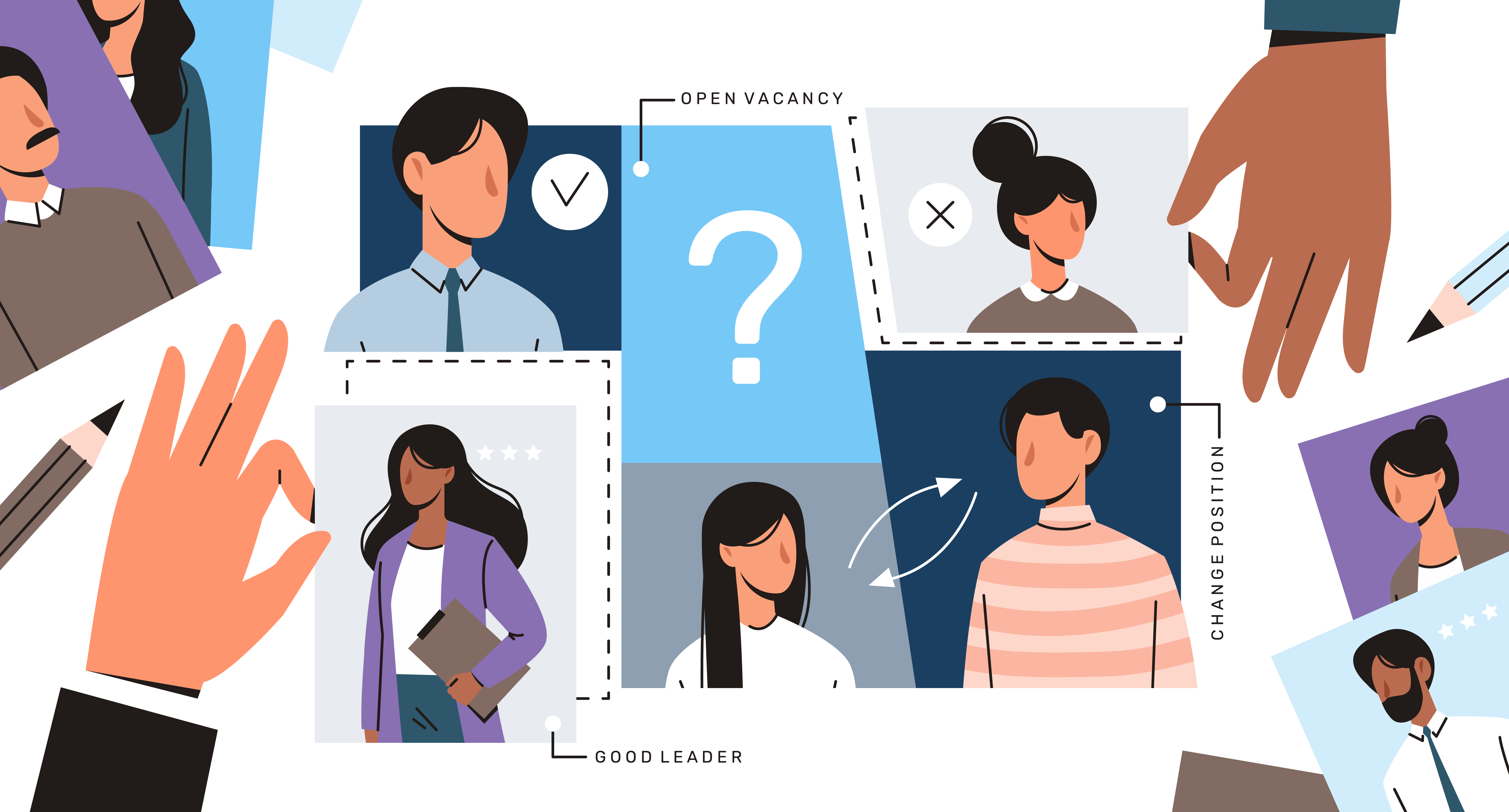 Illustration of skilled hiring with different prospective candidates and their strengths