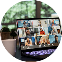Chief executive director discusses with creditors via videocall from his luxury forest villa, engaged in web online connection for briefing meeting.